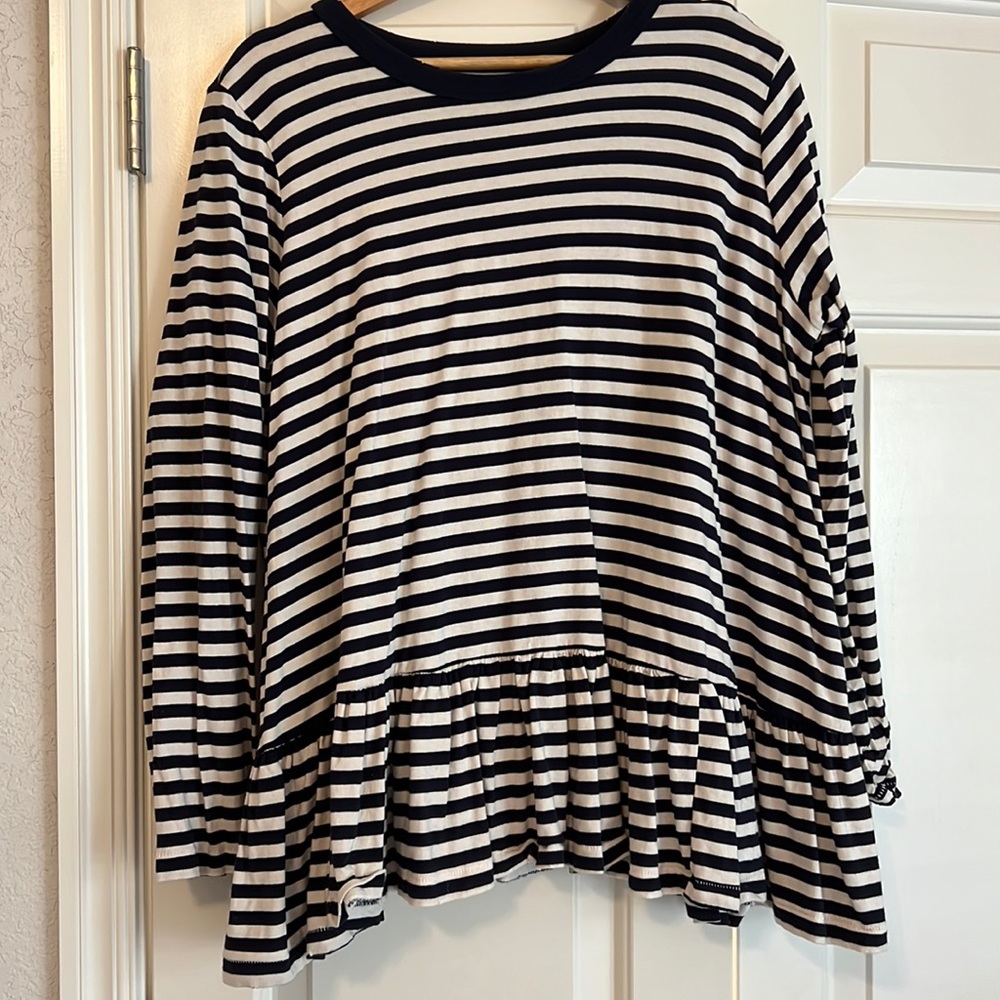 The Great striped ruffle long sleeve tee